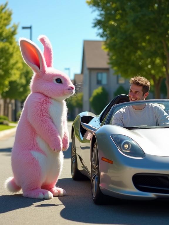 A pink and white rabbit stands next to a sleek sports car. The rabbit looks at the car. A man smiles in the driver's seat. It's a sunny day with clear blue skies and green trees. The rabbit has fluffy fur that shines in the sun. The car has a shiny finish. The mood is playful and whimsical.