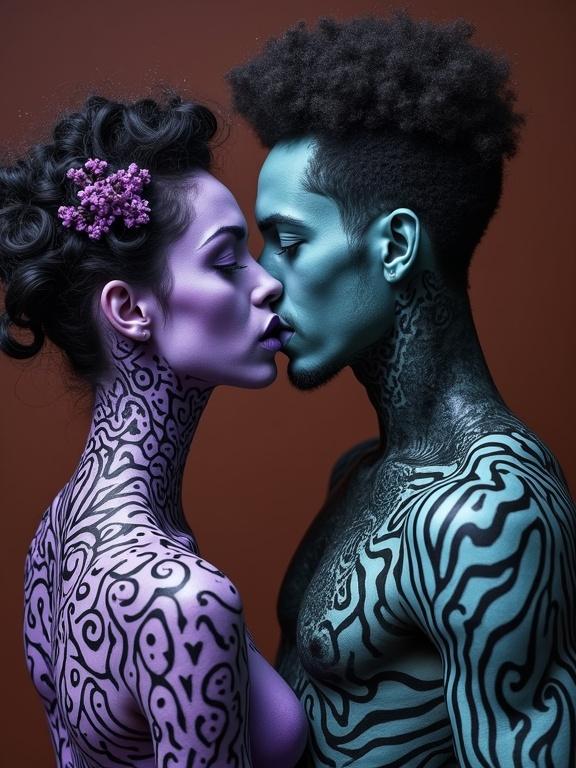 Surreal whimsical portrait of a couple with intricate patterned skin. Shades of purple and teal dominate their bodies. Intimate poses showcasing their connection. Contrasting background in brown and purple tones. Hyperdetailed and whimsical elements.
