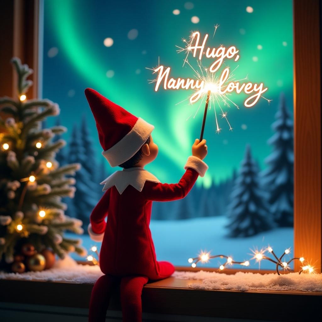 Enchanted Christmas scene features an elf on shelf facing the sky. Elf dressed in red and white holds a magic wand writing with sparkler. Background has vibrant northern lights. The scene captures Christmas spirit with wonder and excitement.