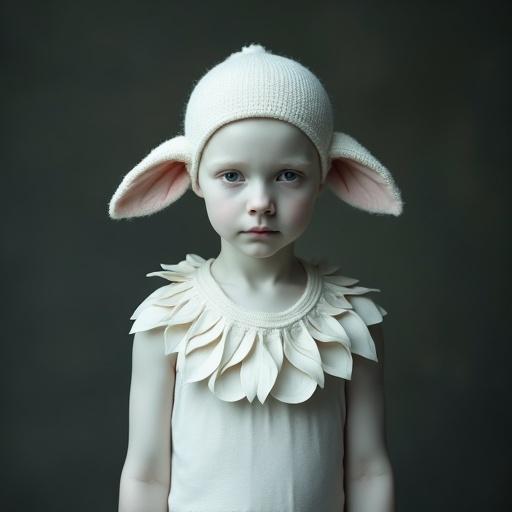 Haunting ethereal fine art portrait featuring a young individual with lamb-like features. Pale skin and serene yet vacant expression. Wooly cap with lamb ears and layered white clothing create a surreal, dreamlike quality. Dark background enhances the figure's ghostly appearance.