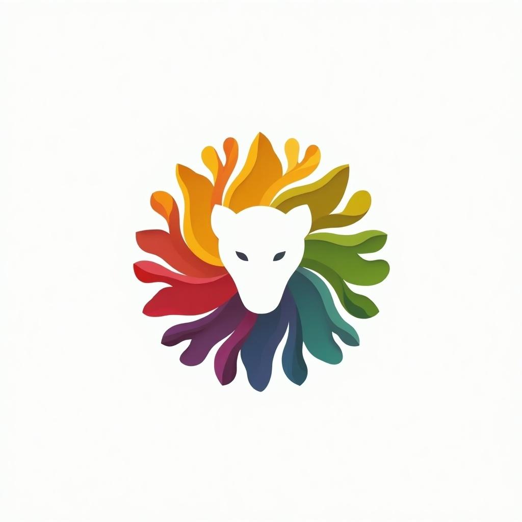 Logo design representing animal welfare with a colorful, abstract style. Central silhouette of an animal head surrounded by vibrant colors reflecting diversity and care for animals.