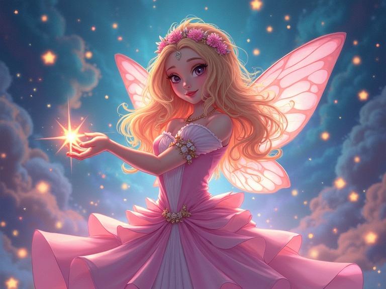 A fantasy character resembling a magical girl with butterfly wings. She holds a glowing star. The atmosphere is bright and whimsical with pastel colors.