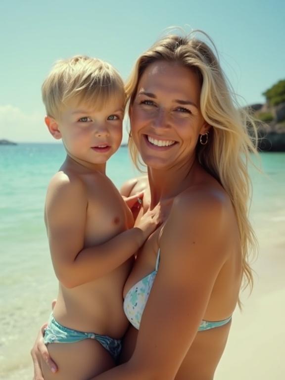 Beach scene with a mother holding her son. She is in a bikini. Golden sunlight shines on them. Soft waves gently lap at the shore.