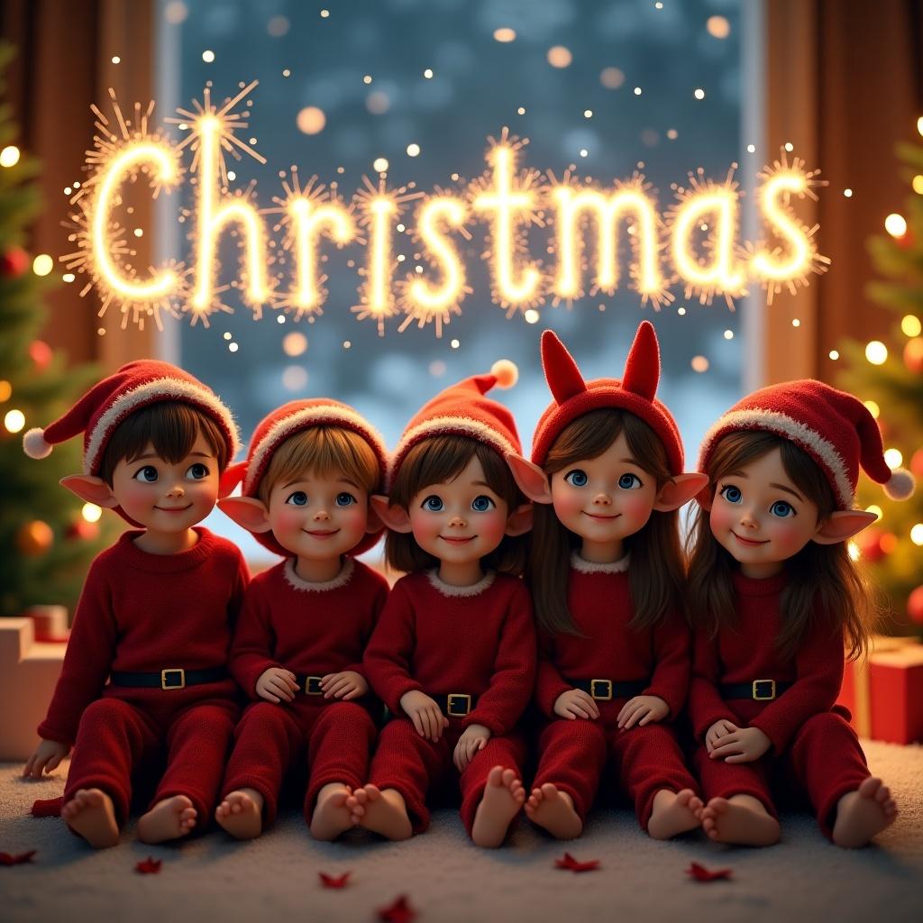 This image depicts a joyful Christmas scene with five pixie elves sitting together. They wear charming red outfits and festive accessories. The background has sparklers illuminating the night sky. A Christmas tree is visible with decorations and lights. Snow is falling outside the window. The overall mood is warm and magical, embodying the holiday spirit.