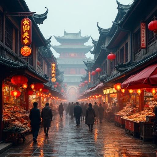 Busy market street with historical charm. Vendors sell food and crafts. Dimly lit with red lanterns. People walk past while fog envelops the atmosphere. Ming-era temple visible at the end of the street.