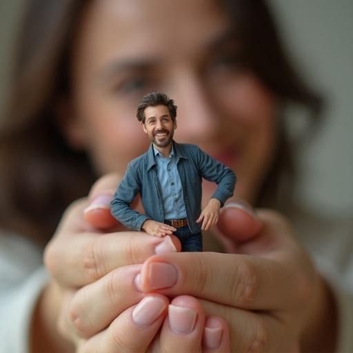 A woman is holding a tiny man in her hands. The man appears miniaturized as he is hugged by the woman. Warm colors and soft lighting enhance the scene.