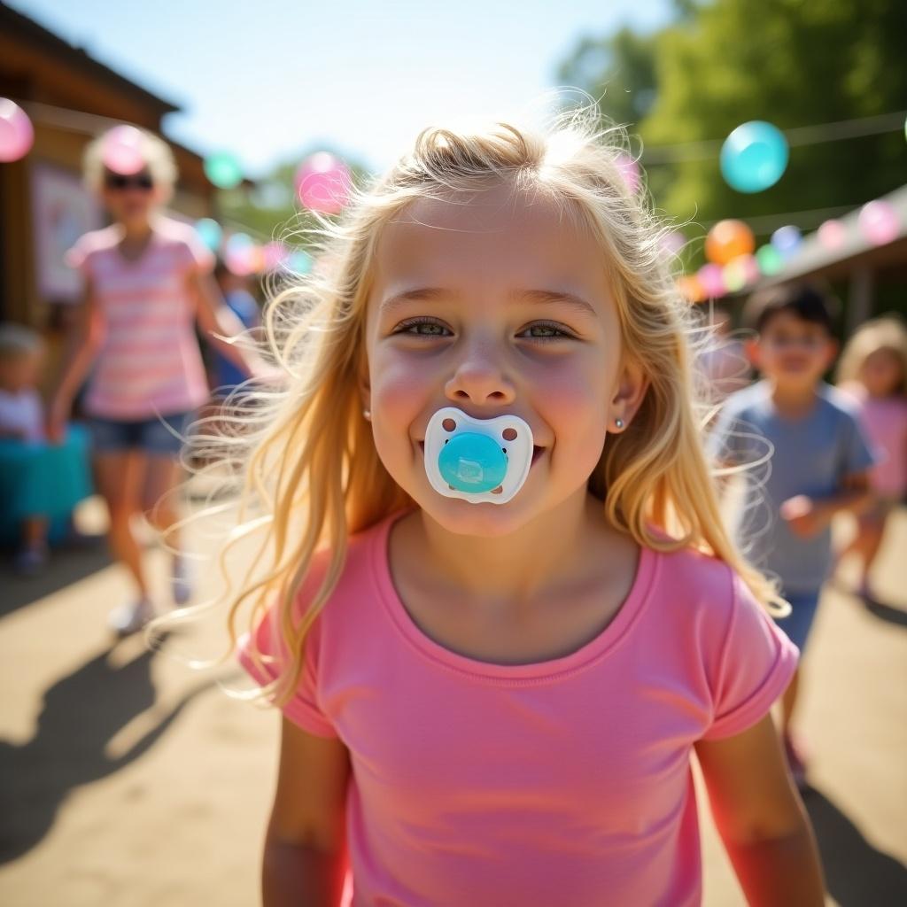 An 8-year-old girl with long blonde hair at an outdoor party. Girl wearing a pink shirt. Bright and festive atmosphere.