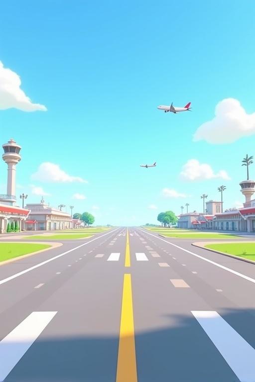 3D animated airport runway scene with wide concrete runways taxiways marked with bright yellow lines clear blue sky cartoon-style airport terminal buildings control tower and distant airplanes soft shadows and vibrant colors wide-angle view suitable as background open-air feel