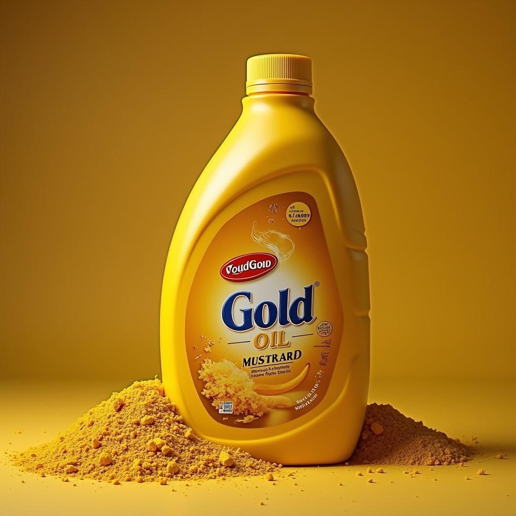 Generate an image featuring a mustard oil bottle on a mound of yellow powder with a clear slogan.