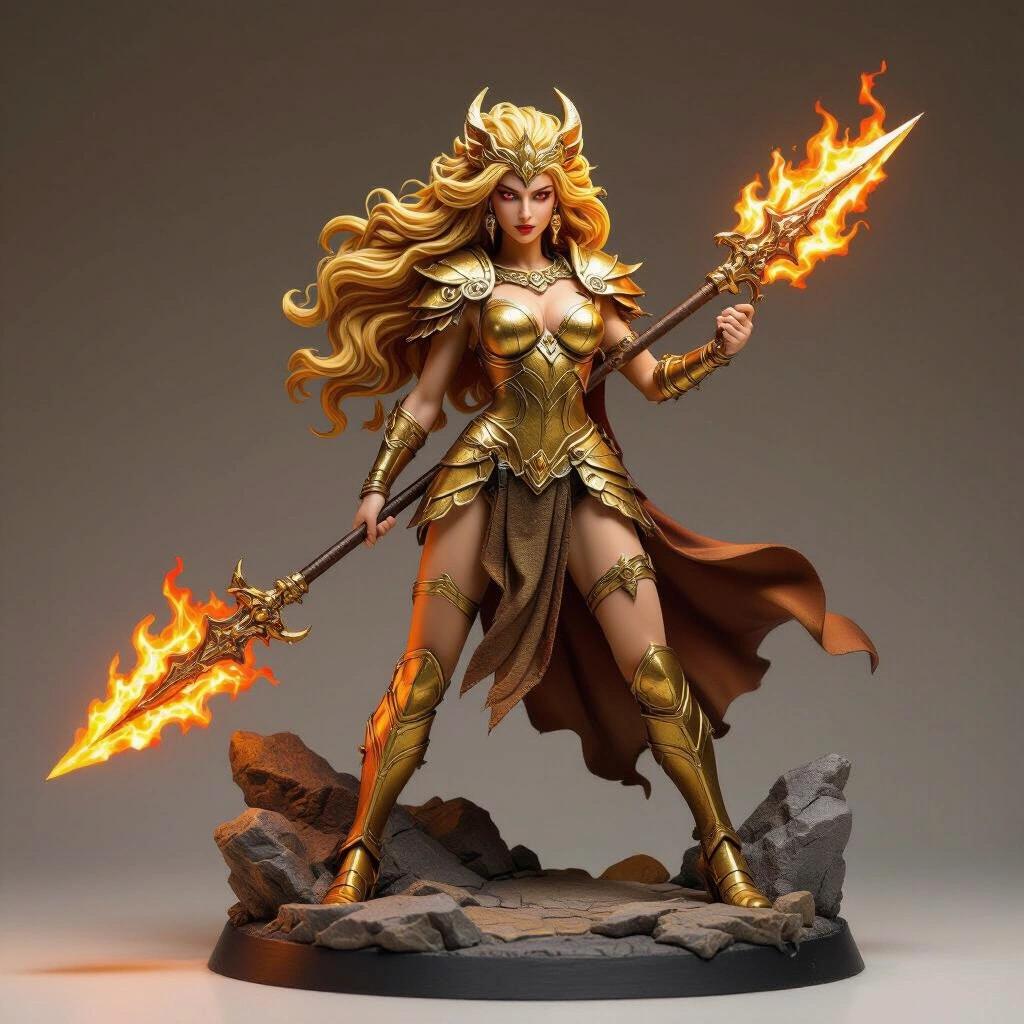 Resin figure of a Leo-inspired goddess with long golden hair. Wears golden armor with claw details. Stands on rocks with a flaming spear raised. Proud and defiant expression. Dominant pose with one leg forward. Crown resembles a lion's mane. Semi-realistic and detailed design.