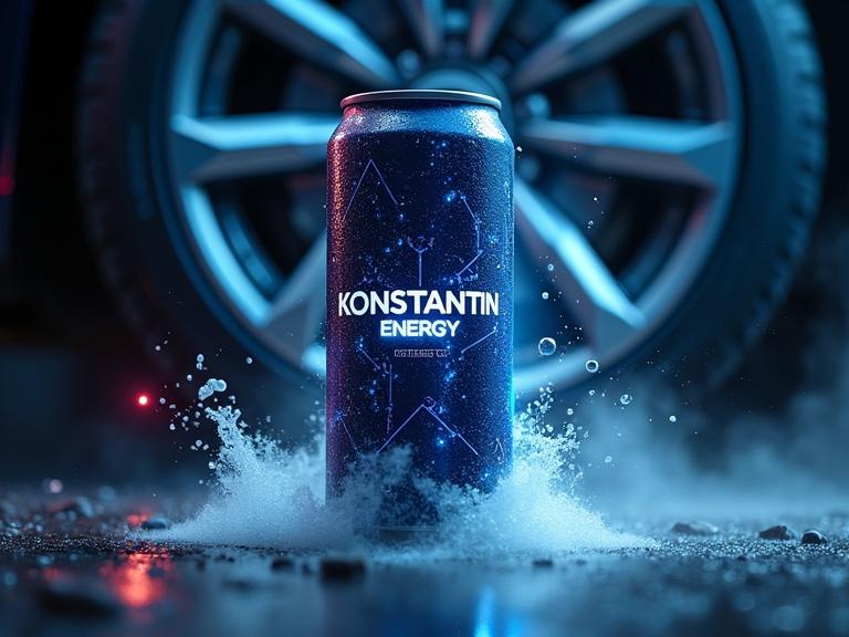 Futuristic energy drink can labeled KONSTANTIN ENERGY. Sleek design with electric circuit. Lightning splash effect. Close up view near car wheel silhouette. Fog droplets on can. Epic visual with dramatic lighting.