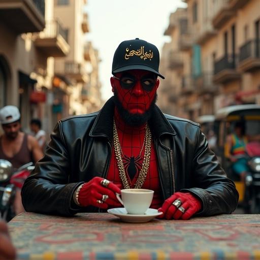 Cinematic photo of an Egyptian shaabi-style Spider-Man in a street café. Wearing a customized red Spider-Man suit with gold chain and leather jacket. Half mask reveals beard. The character sips tea with a serious look. Egyptian youths surrounding him in tank tops, with motorbikes and playing backgammon. Warm gritty lighting, graffiti walls, balconies with laundry.