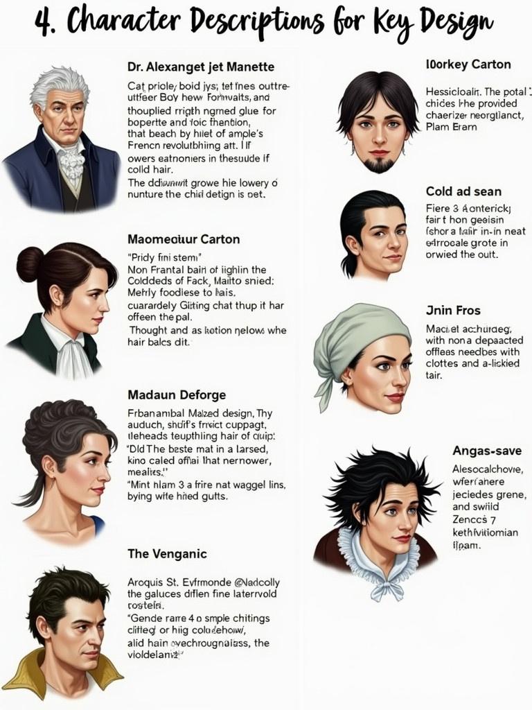 Character descriptions for mask design are illustrated. Key figures from a literary work are presented. Each character has a unique demeanor and style. Facial features reflect diverse backgrounds and personalities. Designs emphasize clothing and accessories representative of their era and roles.