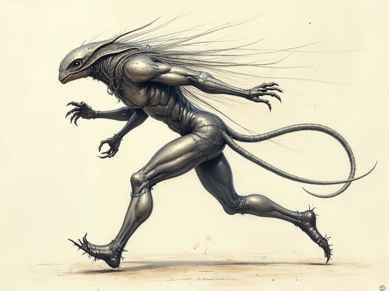 Technical drawing of concept art showcasing humanoid creature. Design blends art deco style with a focus on agility and speed. The creature has metallic skin and runs swiftly. Represents a quickling lord. Highlights the creature's power and abilities in combat.