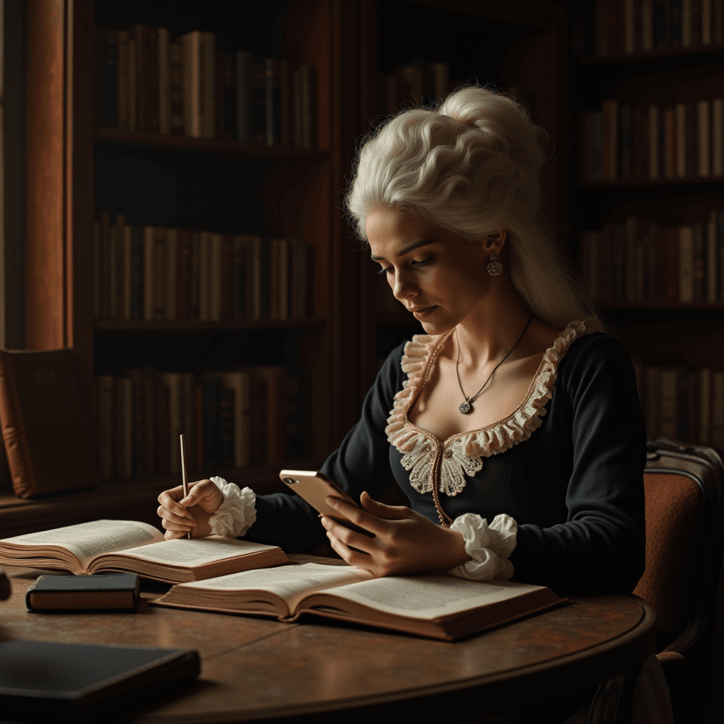 A woman in historical attire uses a smartphone while writing in a library.