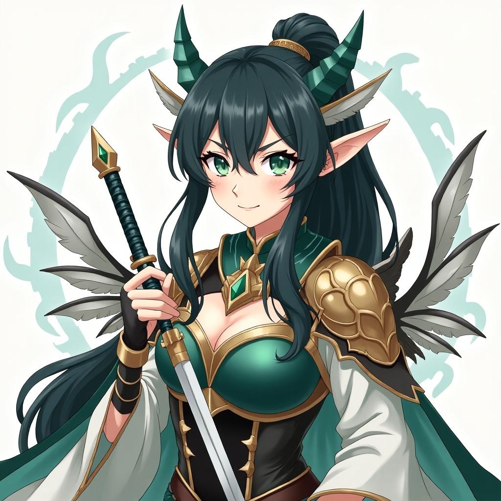 Anime character with black ponytail hair. Green eyes and porcelain skin. Features fae ears and wings. Wearing armor. Holding a weapon. Clever expression.