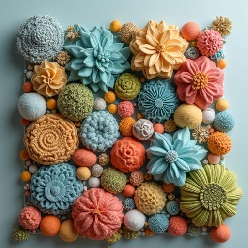 Display an intricate arrangement of colorful decorative flowers and textured elements on a flat surface. Use various pastel shades and a mix of spherical and floral designs to create an eye-catching composition. Emphasize the artistic layering and relationship between the elements in the design.