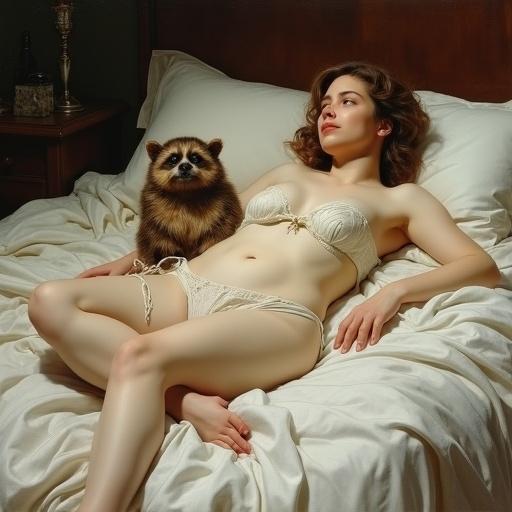 A classical oil painting parody inspired by Gustave Courbet’s ‘L’Origine du monde’. A woman lies on a bed, partially covered in elegant white sheets. Her body is tastefully obscured. In a whimsical twist, a cute Ewok from Star Wars replaces the area where the pubic region would be.