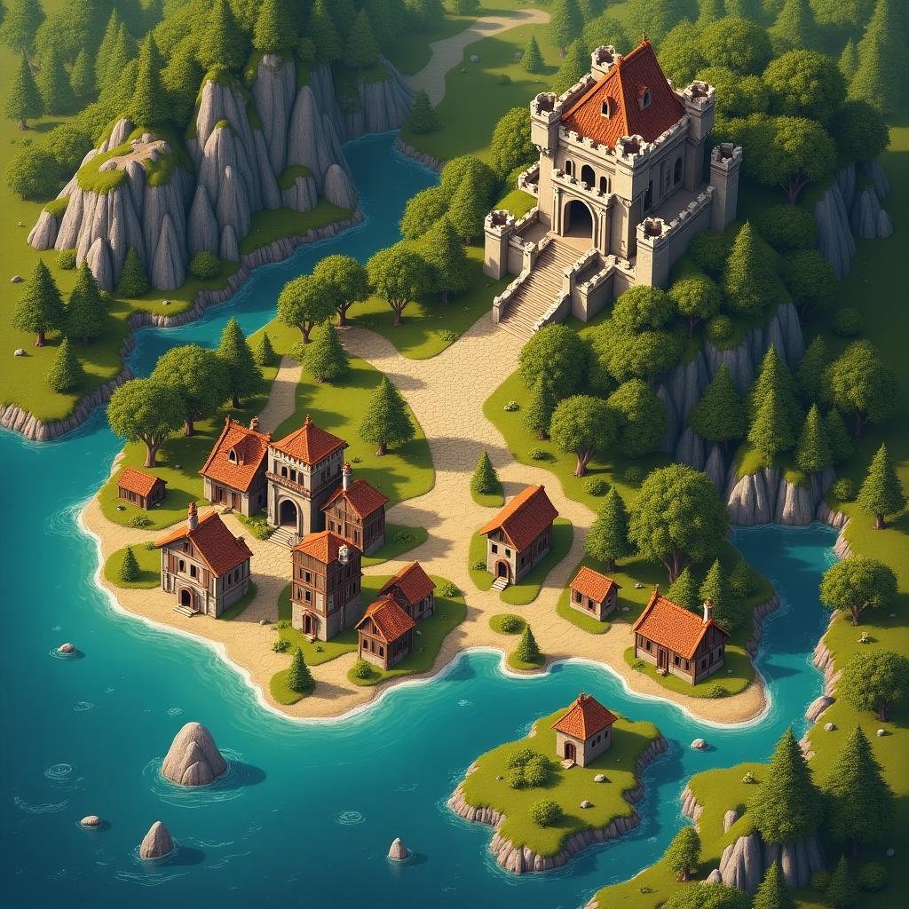 Game map featuring landmarks such as a castle and village. Landscape includes mountains, water, and trees. Bright and colorful presentation with an aerial perspective.