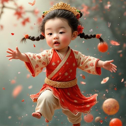 A happy child wearing a traditional vibrant costume. The child is mid-motion, appearing to dance or play among falling autumn leaves. The scene is colorful and festive, capturing a joyful moment. The background is blurred, enhancing the focus on the child.