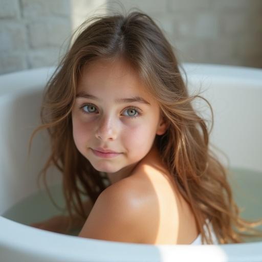 14-year-old girl lies back in a white bathtub. She looks into the camera. Long hair flowing to the side. Scene is peaceful and bright with natural light.