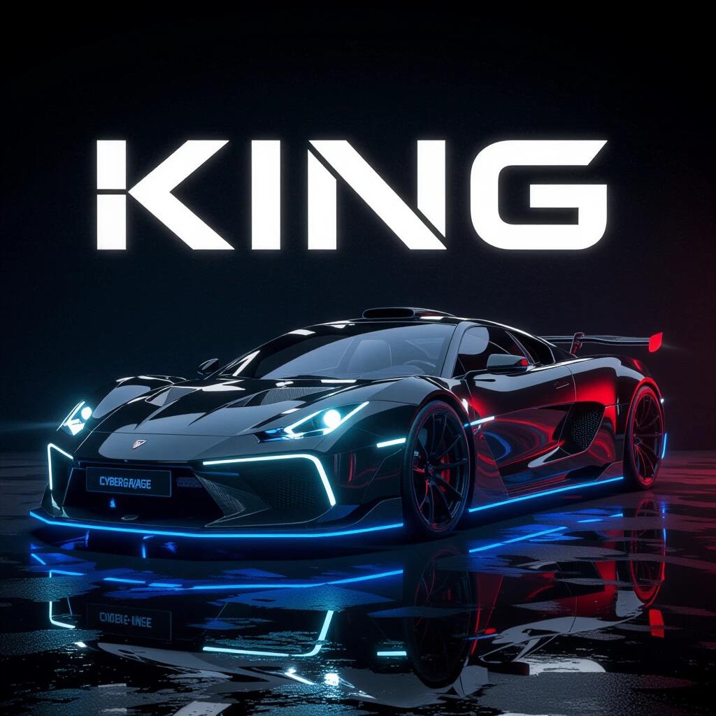 Ultra-realistic render of fictional black piano-finish hypercar. Car has aggressive design with wide low stance. Features sharp aerodynamics and glossy black paint. Bright LED headlights and glowing blue underglow illuminate ground. The word 'KING' appears in bold white font. License plate reads 'CYBERGARAGE'. Car parked on wet reflective surface. Dramatic lighting enhances the style and dominance.