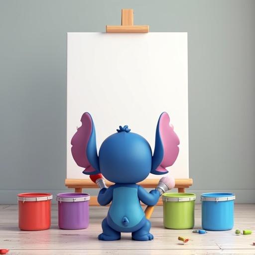 Stitch character standing in front of a blank canvas. He holds a paint brush. Different color paint buckets are on the floor around him.