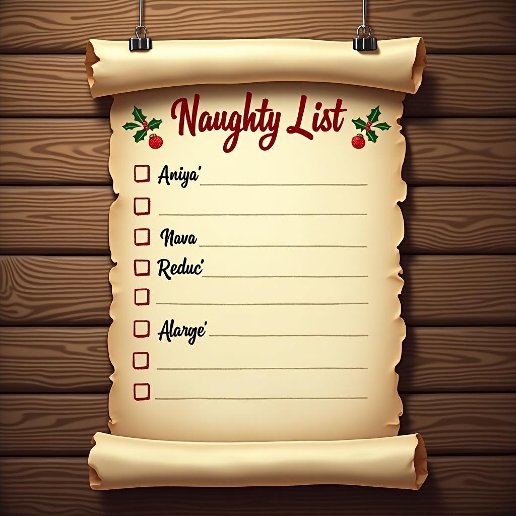 Parchment-like paper titled 'Naughty List'. List for writing names of naughty children. Includes names 'Aniya', 'Nava', 'Reduc', 'Alarge'. Spaces for more names. Vintage vibe. Wooden wall background.