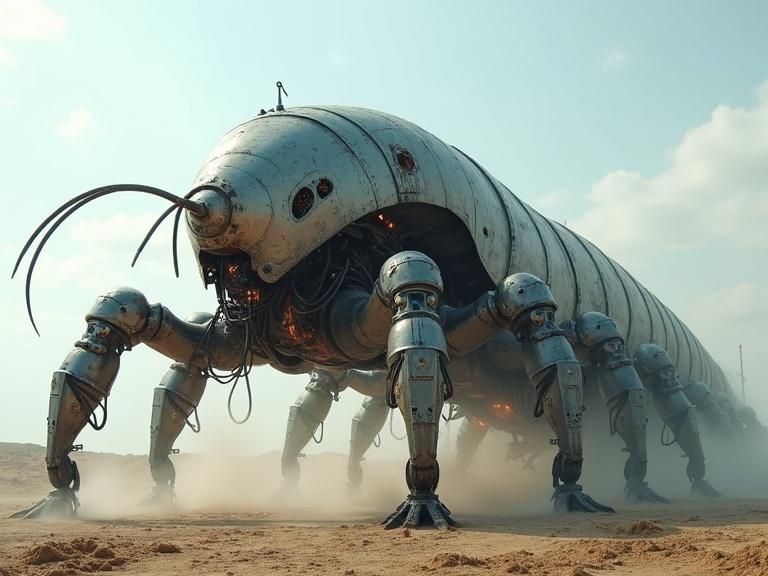 Cinematic live action depiction of a huge 50-ft long centipede robot. Metallic exterior with textured details and glowing LED lights. Realistic environment with dust and steam. Shadows under bright blue sky. High-definition, rich textures.
