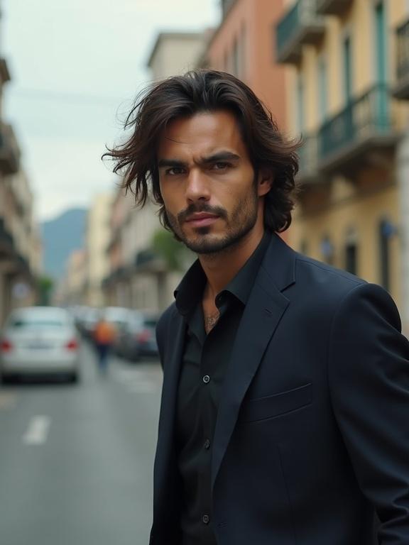 Stylish Latino man walks along a city street. He wears a dark suit with an open jacket. Hair blows in the wind. City atmosphere captures urban lifestyle.