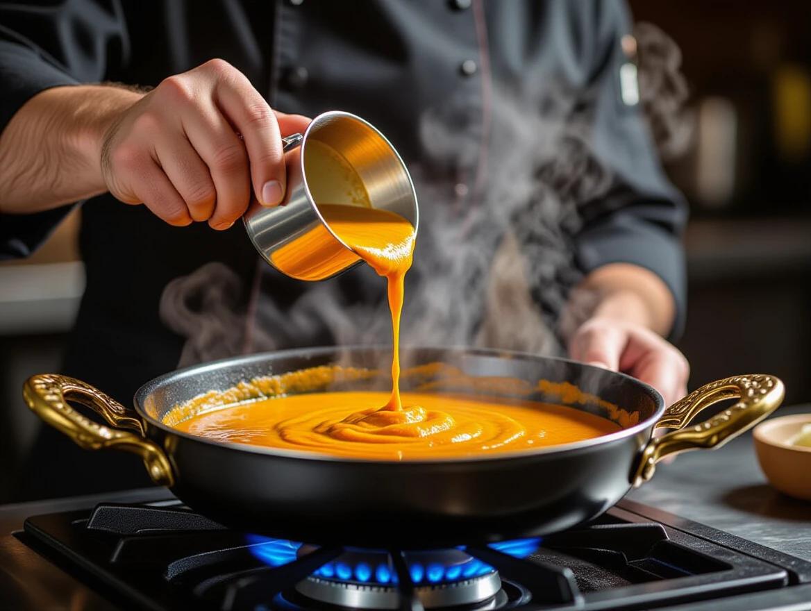 Close-up photograph of orange curry being added to a black pan. A hand wearing a chef's coat pours bright orange curry from a silver measuring cup into the pan. Steam rises, creating a misty effect. The curry is chunky and vibrant. The background shows a blue gas stovetop with a dark blur for depth.