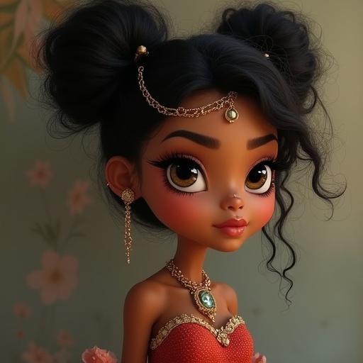 A short, medium-built brown-skinned princess with a small waist. Long black hair styled beautifully. Gorgeous foxy eyes. Wearing elegant jewelry.