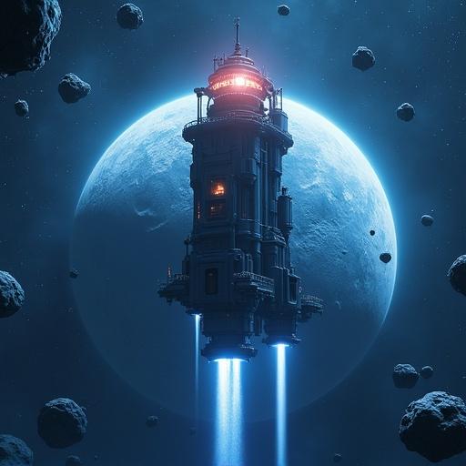 Sleek high-tech lighthouse floats in space. It orbits a glowing gas giant. Radiant beams shoot into asteroid fields. Style is sci-fi 3D render. Features metallic textures and glowing blue tones. Design is clean and futuristic.