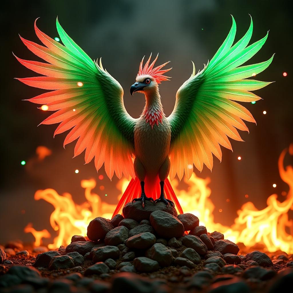 A majestic Christmas Phoenix rises from rocks. Wings outstretched in green and red hues. Flames in the background. Feathers shimmer like Christmas lights. Eyes blaze with intensity. Composition evokes holiday cheer.