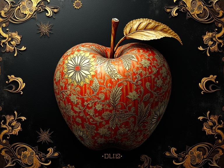 An intricately designed apple with floral patterns in gold and white on an orange base. A golden leaf sits on top. The background is black.