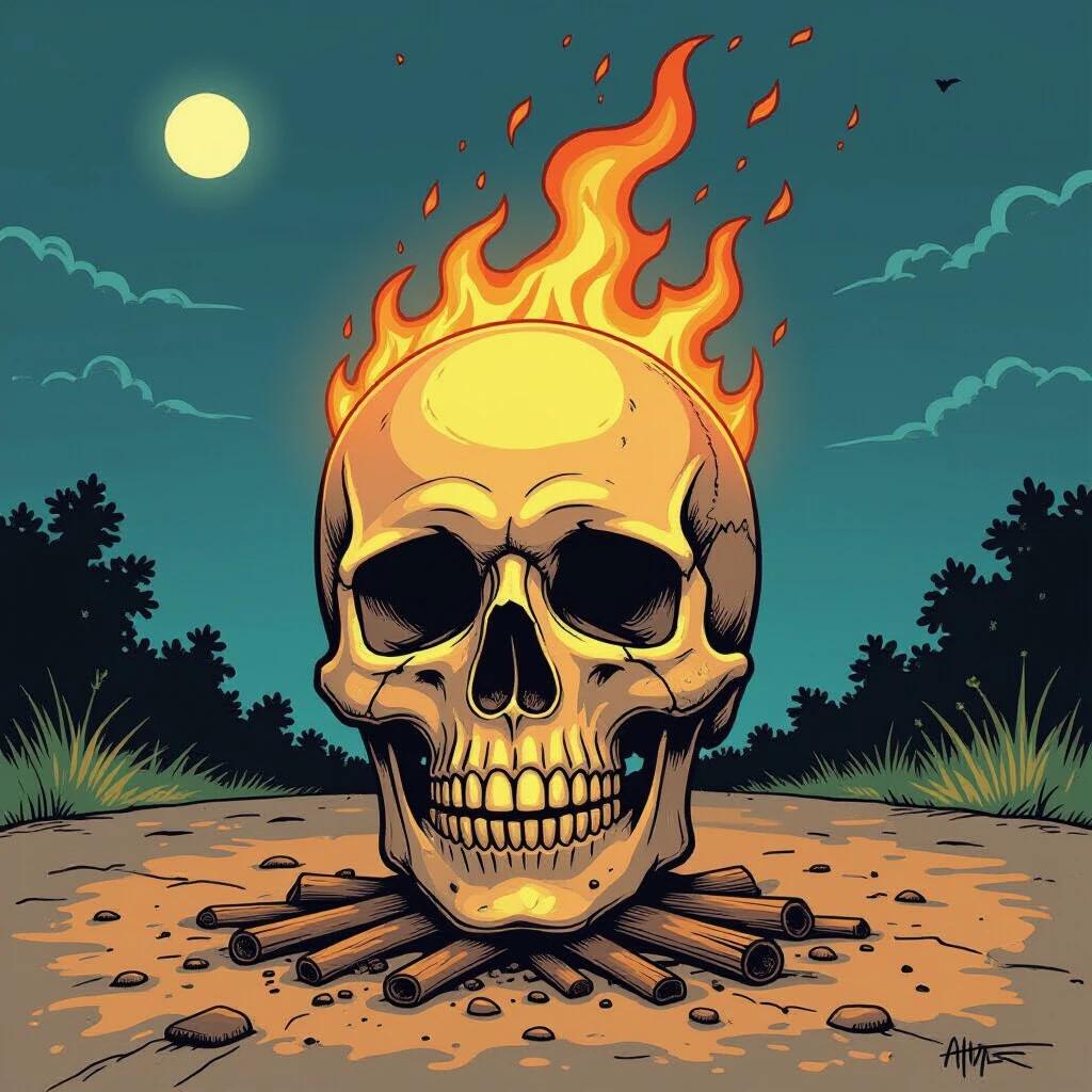 A flaming skull in a bizarre setting inspired by vintage comic art. The skull sits on the ground surrounded by logs forming a campfire. A full moon shines in the background, illuminating the scene with a surreal glow. The surrounding foliage is detailed, adding depth to the image.
