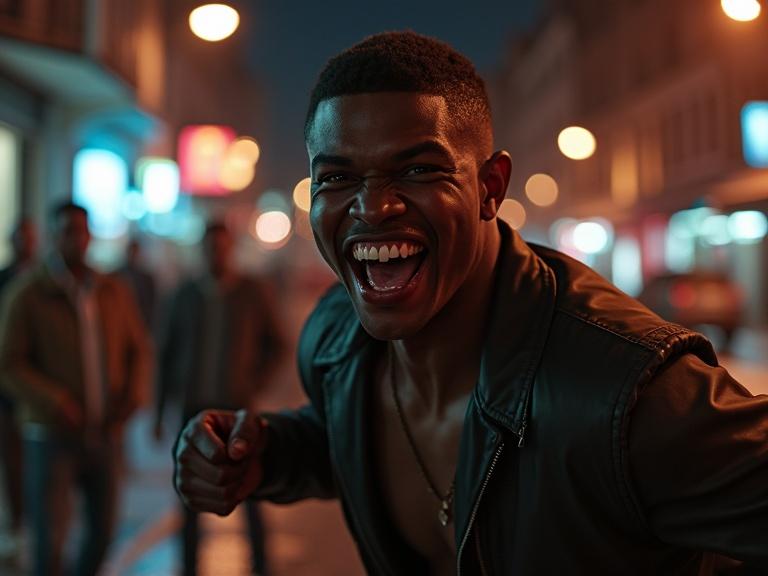 Cinematic portrayal of an energetic young male in an urban night setting. He is smiling broadly, showing excitement. Background features blurred figures of onlookers. The scene captures a vibrant and gritty atmosphere within a street environment.