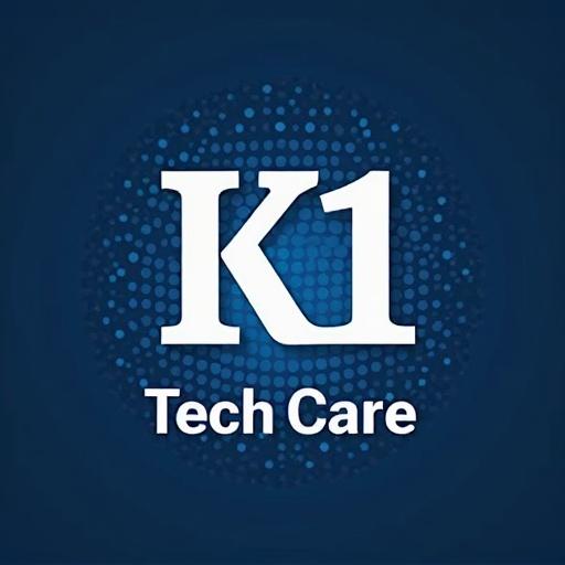 Logo for K1 Tech Care displayed on blue dotted background. Simple and modern design emphasizes technology services.
