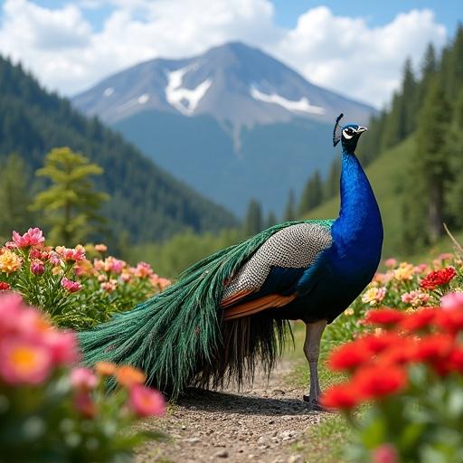 A peacock with a fully spread tail stands in a garden filled with multi-colored flowers. A majestic mountain is visible in the background under a blue sky with fluffy clouds.