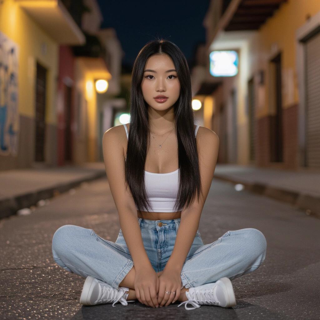 Model sits on concrete street at night in urban neighborhood. She wears black oversized hoodie with 'StreetGax' print, black biker shorts, and chunky sneakers. Long black hair, natural skin texture visible. Street backdrop with neon cars and graffiti. Realistic lighting and reflections.