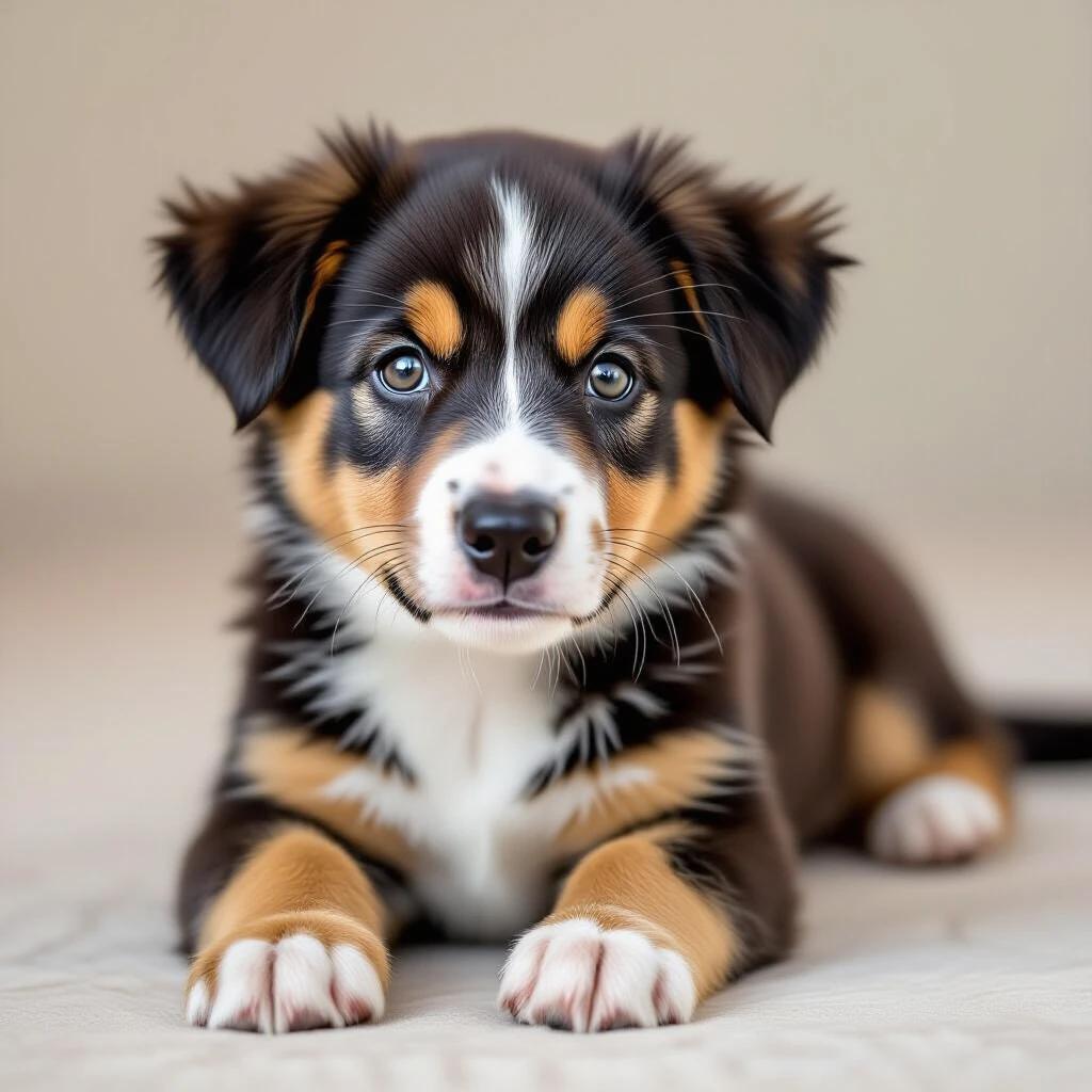 A puppy laying on a light-colored surface. The puppy has a mix of brown and white fur. It looks playful and curious in posture.