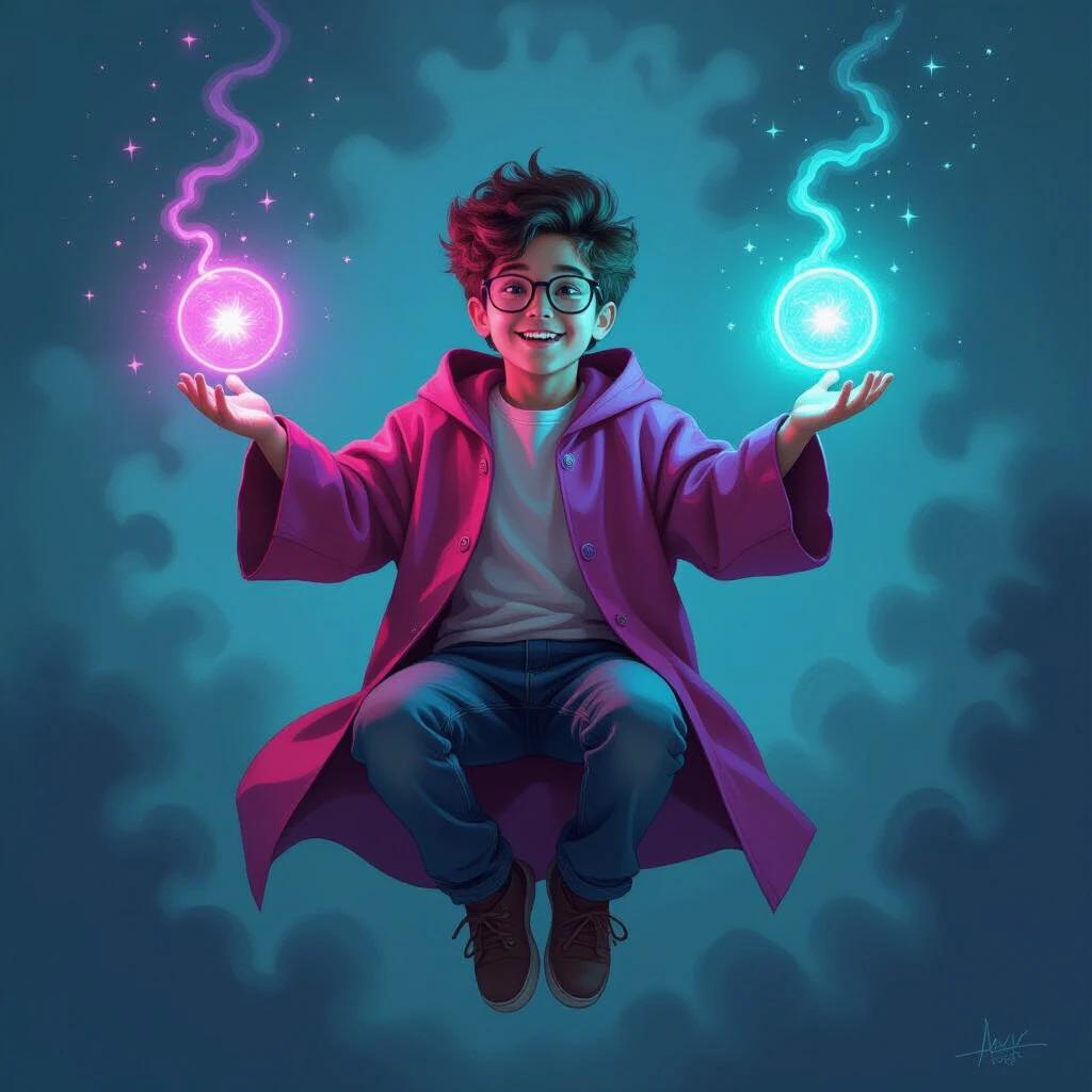 An oil painting depicts a young scientist dressed in a neon wizard robe. The scientist is floating with hands outstretched. Two glowing orbs in pink and blue hover in the air. The background consists of a deep teal color enhancing the magical feel of the scene.