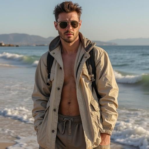 Man standing on the beach wearing sunglasses and a beige jacket. The ocean and mountains are in the background. Appears relaxed and casual.