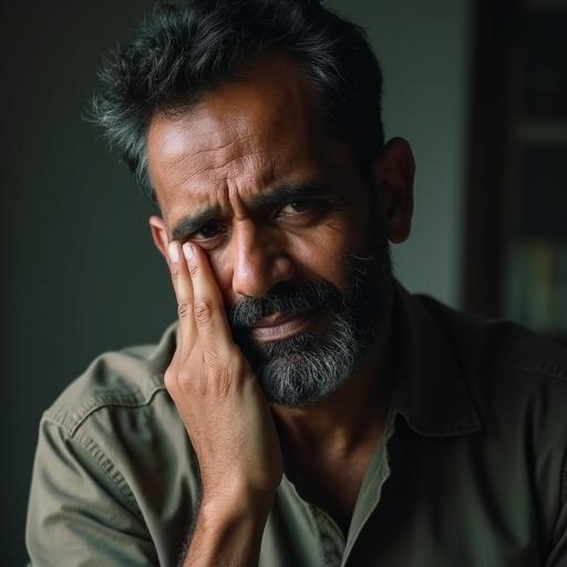 An Indian man showing signs of deep emotion. He is expressing feelings of regret and loss. The image conveys a moment of vulnerability and reflection. The man's hand is touching his face as he is on the verge of crying. The background is softly blurred to emphasize his emotions.