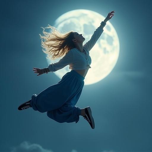 Tall girl with wavy blonde hair flying toward full moon. Deep blue baggy pants black sneakers. Dress or robe flowing in wind. Arms wide head tilted up. Serene glowing face. Moonlight illuminates scene.