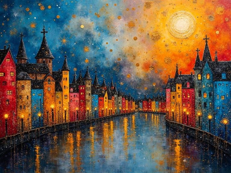 Colorful cityscape illustration inspired by Gustav Klimt and others. Features dripping ink and splattering techniques with golden sparkles and bright colors. Happiness evoked through perfect composition and high contrast.