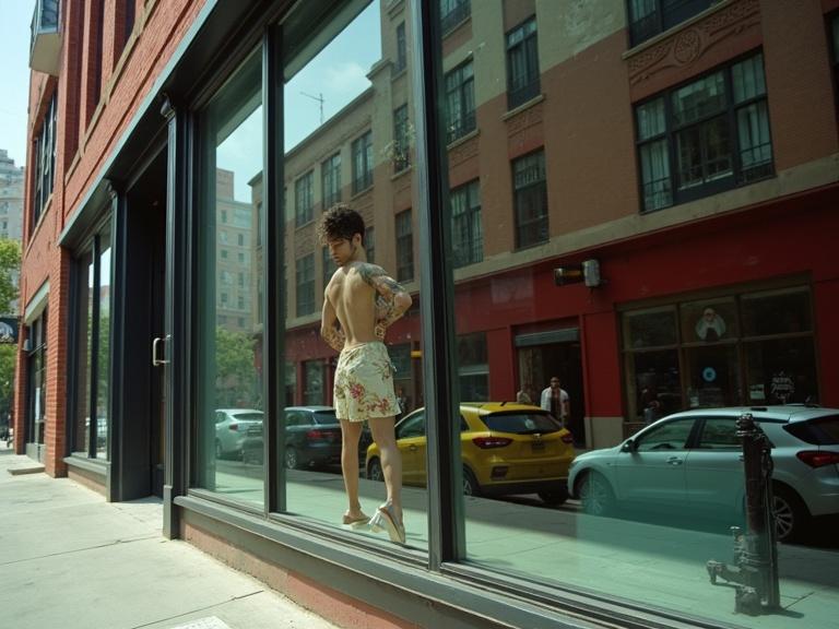 Wide angle shot of urban street with red-light district building facade. Large full-length glass windows. Soft daylight illuminating scene. Man inside wearing floral crop top and high heels seen through glass. Emphasis on architectural details and reflections.