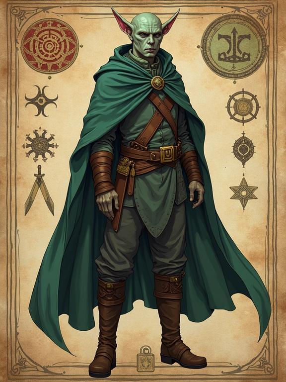 Detailed D&D character design with 2.5D depth. Full-length rotoscope of Elrian with magical patterns and warrior insignia. Dark fantasy aesthetic with vibrant colors and comic-book outlines.