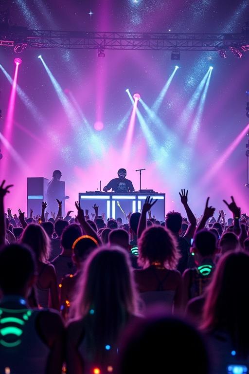 Dynamic festival scene with DJ performing. High-tech neon stage setup seen. Energetic crowd dancing passionately in colorful rave costumes. Glowing face paint and LED accessories worn by attendees. Electric atmosphere filled with vibrant light effects creating abstract patterns. Galactic backdrop showcases swirling colors with shooting stars. Entire scene reflects excitement of modern rave events.