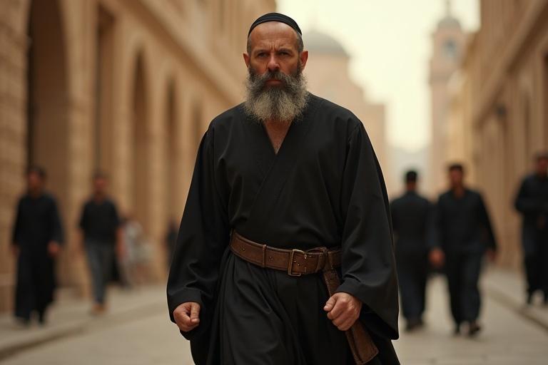 Angry Jewish man in traditional robes walks briskly through the streets of Medina with clenched fists and intense eyes
